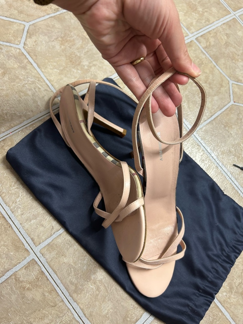 Burberry Nude Beige Strappy Stiletto Sandals with Check Trim - Picture 3 of 5
